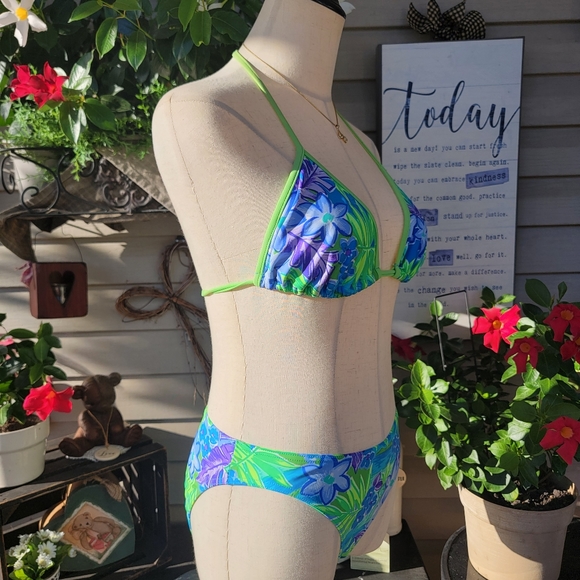 CHRISTINA ♡ Gorgeous 2pc Blue 'n Green Floral String Bikini Top Swimsuit XL - Picture 6 of 17